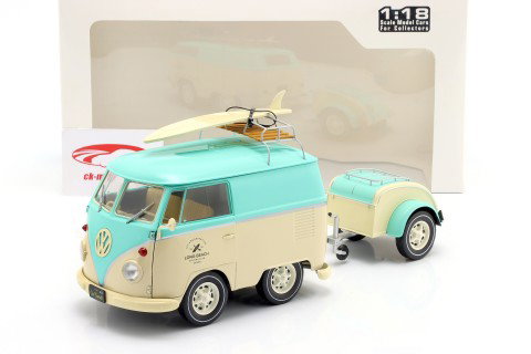 Volkswagen VW Cool Combi com Reboque 2024 verde menta / branco 1:18 Solido