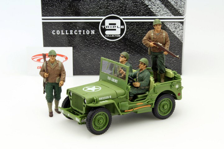 Jeep Willy's US Army met 4 soldaten jaar 1942 leger groen 1:18 Triple9