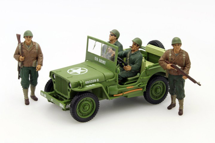 Jeep Willy's US Army met 4 soldaten jaar 1942 leger groen 1:18 Triple9