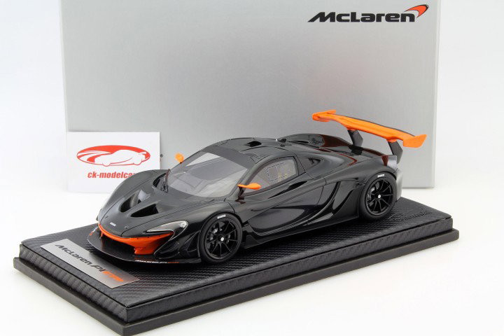 McLaren P1 GTR Construction year 2016 dark green / orange with showcase 1:18 Tecnomodel