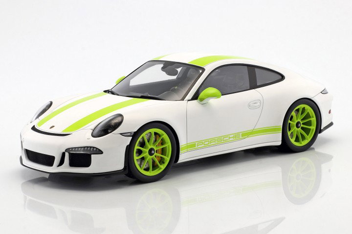 Porsche 911 (991) R year 2016 white / green with showcase 1:18 Spark