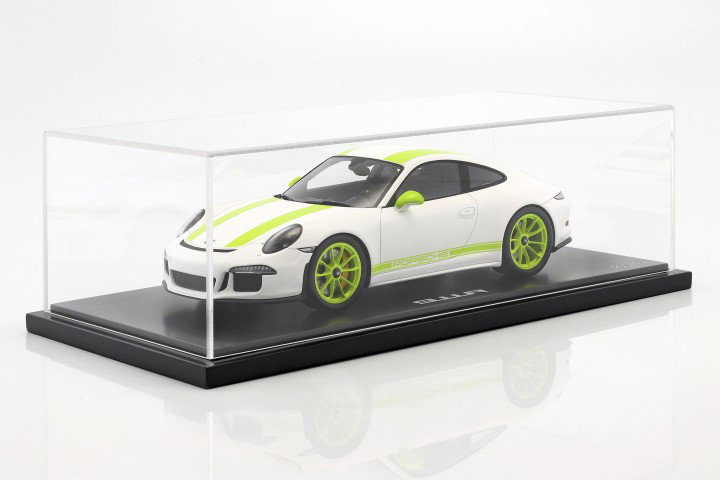 Porsche 911 (991) R year 2016 white / green with showcase 1:18 Spark