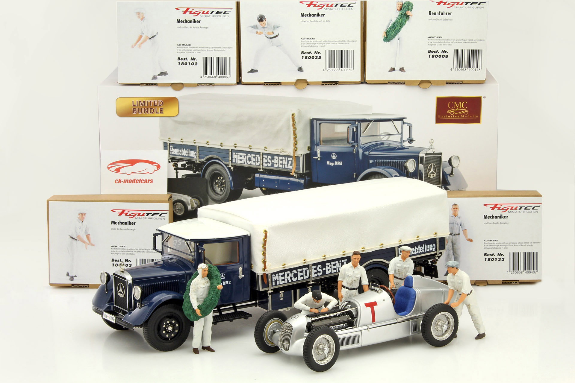Set: 5x Figutec chiffres Mercedes LKW LO 2750 mit Mercedes W25 T-Car 1:18 CMC