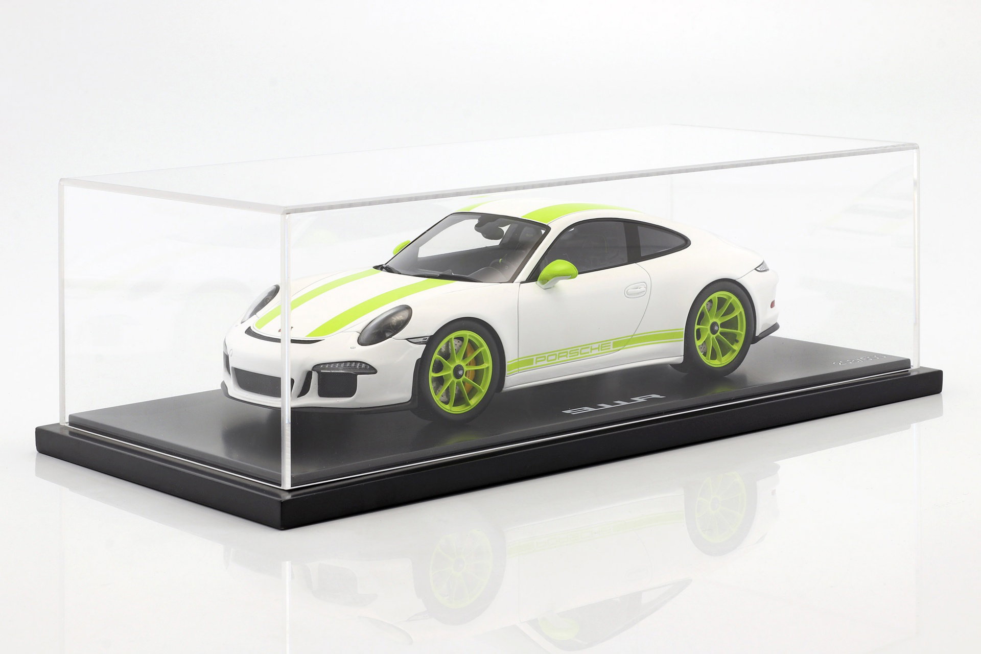 Porsche 911 (991) R year 2016 white / green with showcase 1:18 Spark