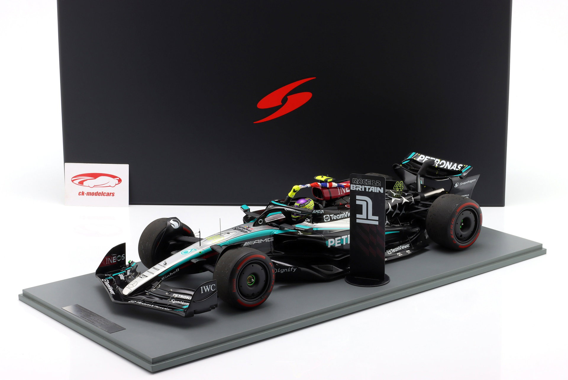 L. Hamilton Mercedes-AMG F1 W15 #44 ganhador Britânico GP fórmula 1 2024 1:12 Spark