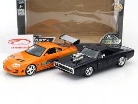 2-Car Set Dom's Dodge Charger R/T og Brian's Toyota Supra sort / appelsin 1:24 Jada Toys