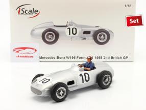 Set: J. M. Fangio Mercedes-Benz W196 #10 formel 1 1955 Med Driverfigur blå skjorte 1:18 iScale