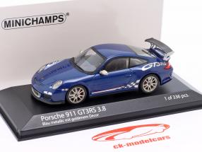 Porsche 911 (997 II) GT3 RS 3.8 Ano de construção 2009 azul metálico com decoração 1:43 Minichamps