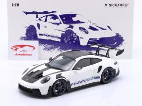Porsche 911 (992) GT3 RS Pacchetto Weissach 2022 bianco / azzurro Cerchi 1:18 Minichamps