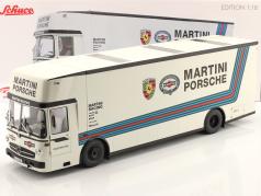 Mercedes-Benz O 317 transportador de carreras Porsche Martini Racing blanco 1:18 Schuco