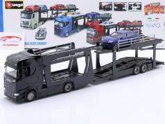 Scania S730 transportador de coches negro con Lamborghini azul metálico 1:43 Bburago