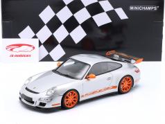 Porsche 911 GT3 RS Bouwjaar 2007 zilver / oranje velgen 1:18 Minichamps