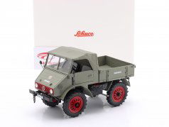 Unimog 401 と ソフトトップ グレー / 赤み リム 1:18 Schuco