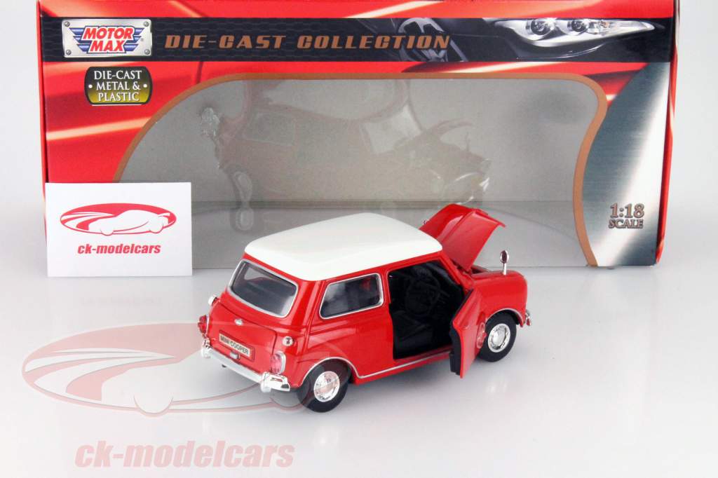 Old Mini Cooper rood / wit 1:18 MotorMax