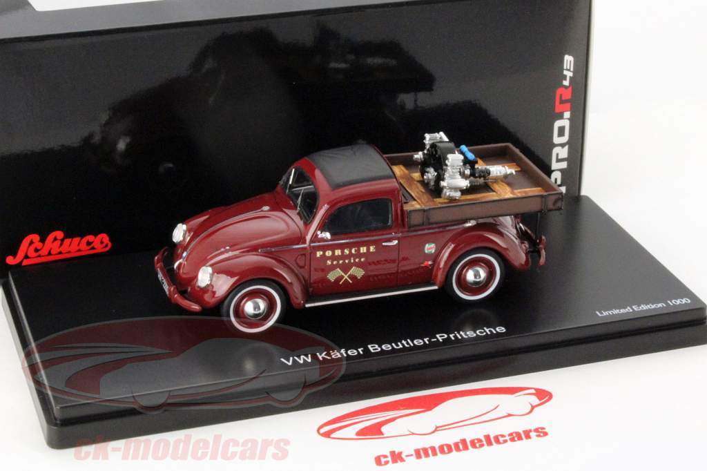 Volkswagen VW Käfer Beutler-Pritsche Porsche Service bordeaux vermelho 1:43 Schuco