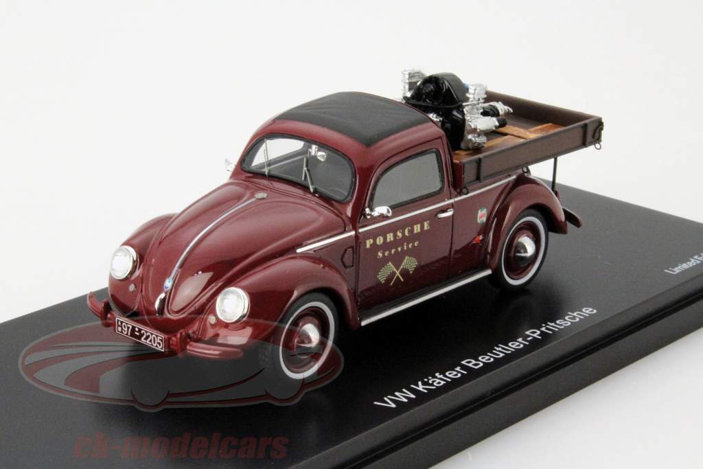 Volkswagen VW Käfer Beutler-Pritsche Porsche Service bordeaux vermelho 1:43 Schuco