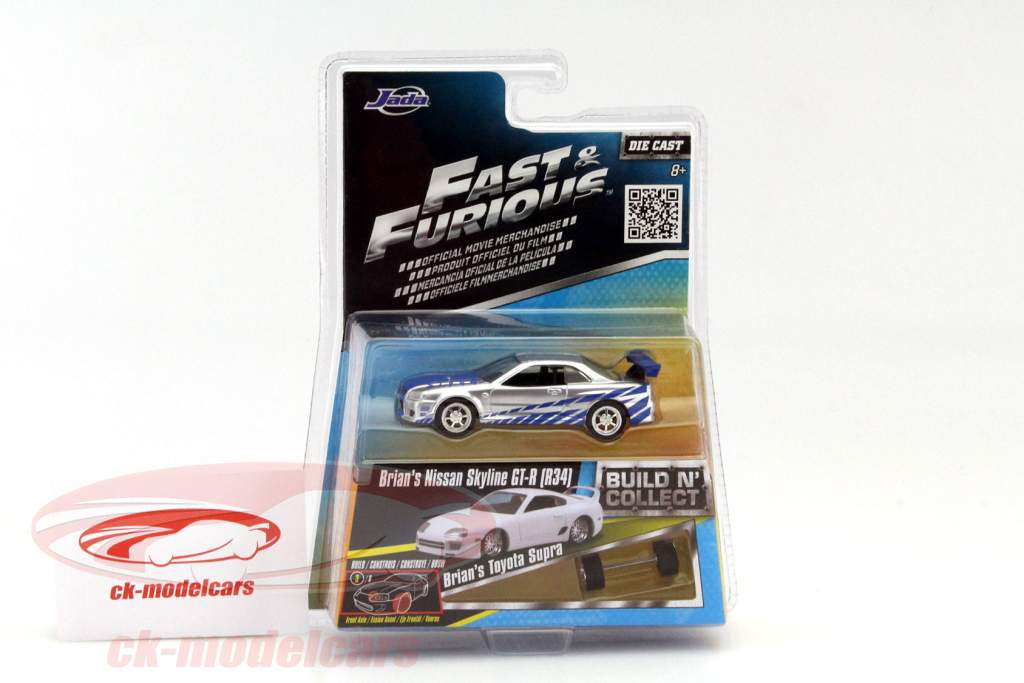 Brian's Nissan Sykline GT-R (R34) Fast and Furious argenterie / bleu 1:55 Jada Toys