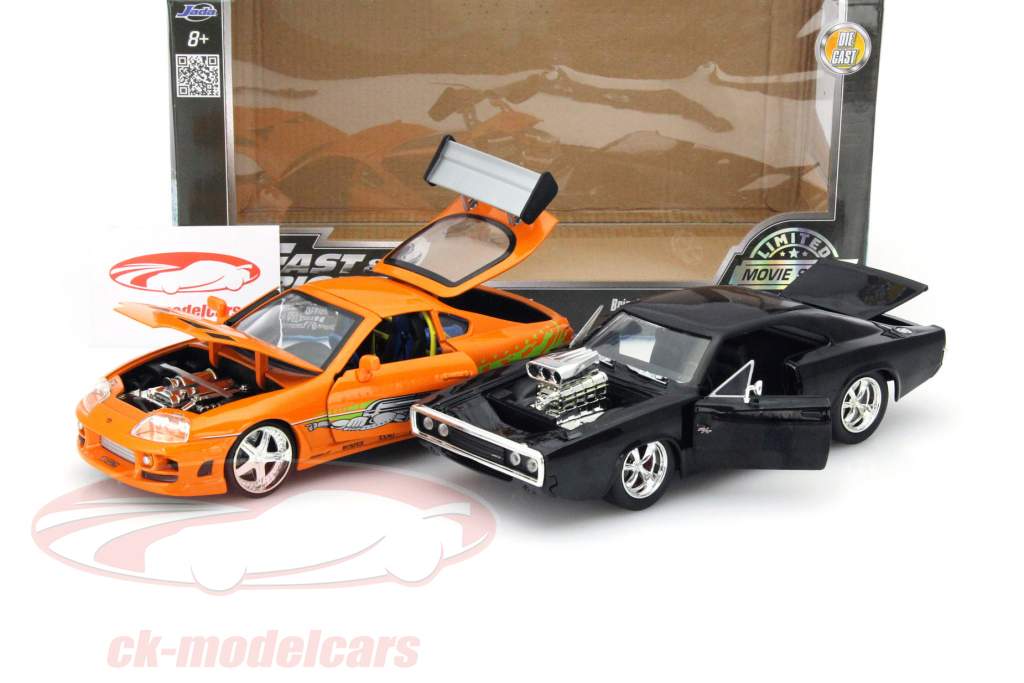 2-Car Set Dom's Dodge Charger R/T og Brian's Toyota Supra sort / appelsin 1:24 Jada Toys