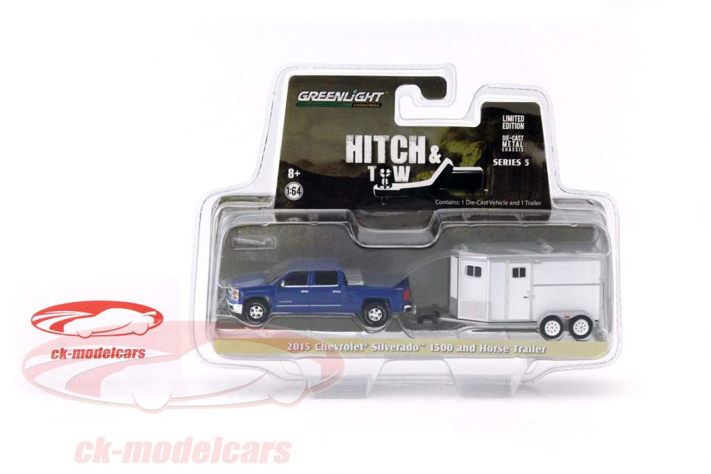 雪佛兰 Silverado 1500 和马拖车 蓝色 1:64 绿光 Greenlight