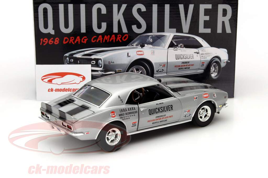 Chevrolet Camaro Drag Quicksilver año 1968 plata 1:18 GMP