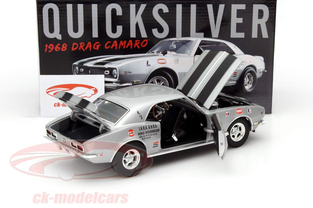 Chevrolet Camaro Drag Quicksilver año 1968 plata 1:18 GMP