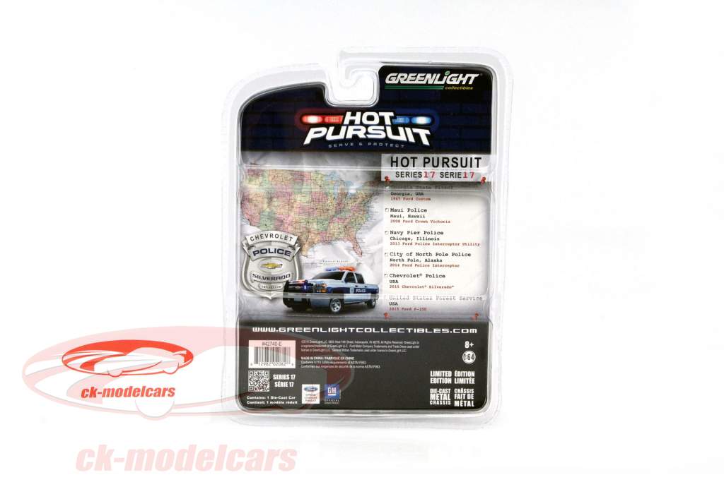 Chevrolet Silverado Police année 2015 argent / bleu / vert 1:64 Greenlight