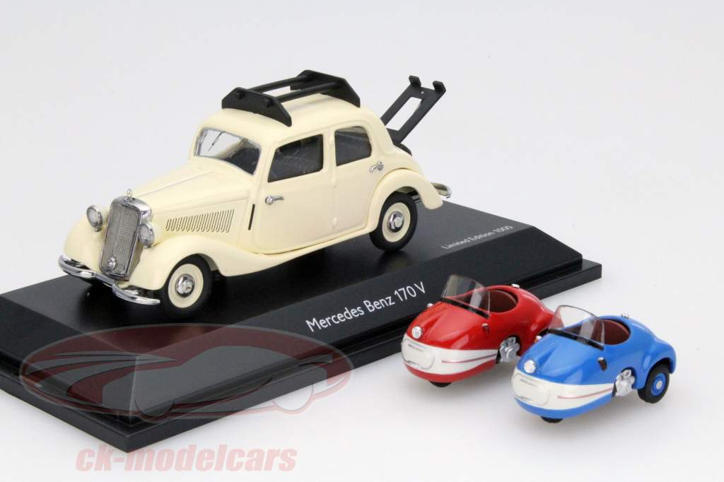 Mercedes-Benz 170V mit 2 Brütsch Mopetta creme, rot ,blau 1:43 Schuco