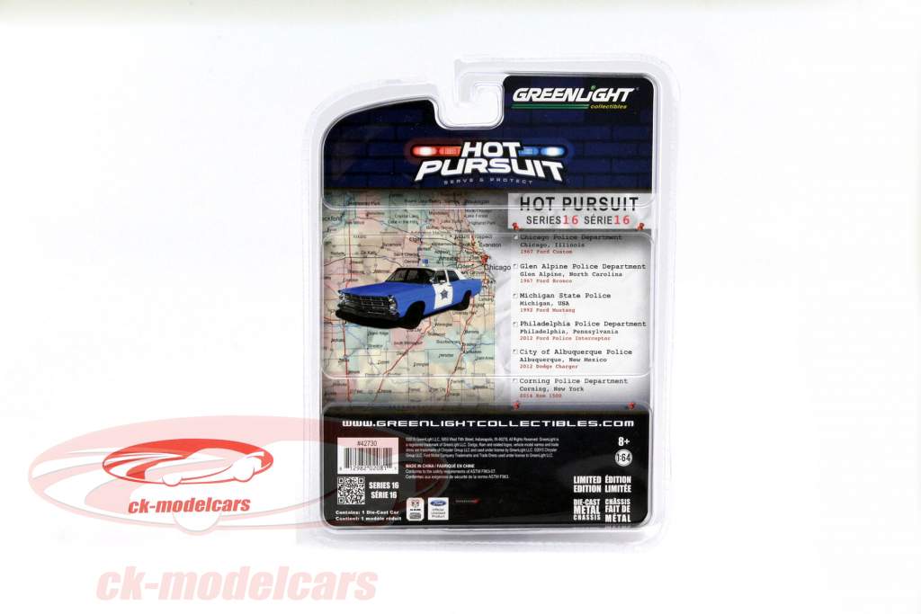 Ford Custom Jaar 1967 Chicago politie afdeling groen 1:64 Greenlight