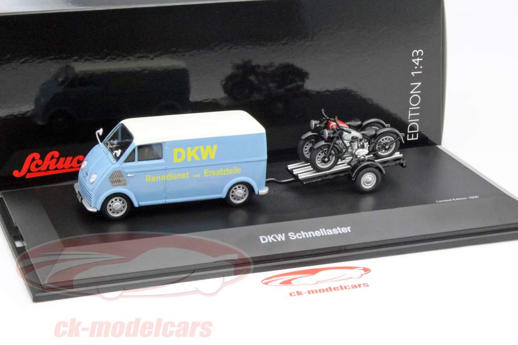 DKW Schnellaster con acoplado de la motocicleta azul / beige 1:43 Schuco