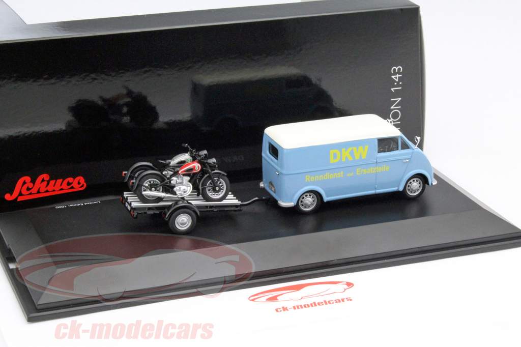 DKW Schnellaster con acoplado de la motocicleta azul / beige 1:43 Schuco