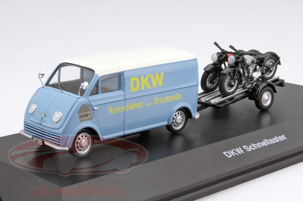 DKW Schnellaster con acoplado de la motocicleta azul / beige 1:43 Schuco
