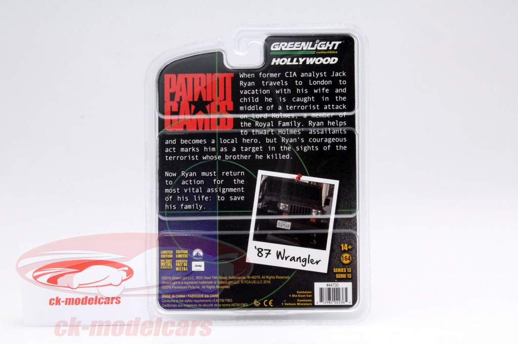 Jeep Wrangler YJ année 1987 TV-Film Patriot Games noir 1:64 Greenlight