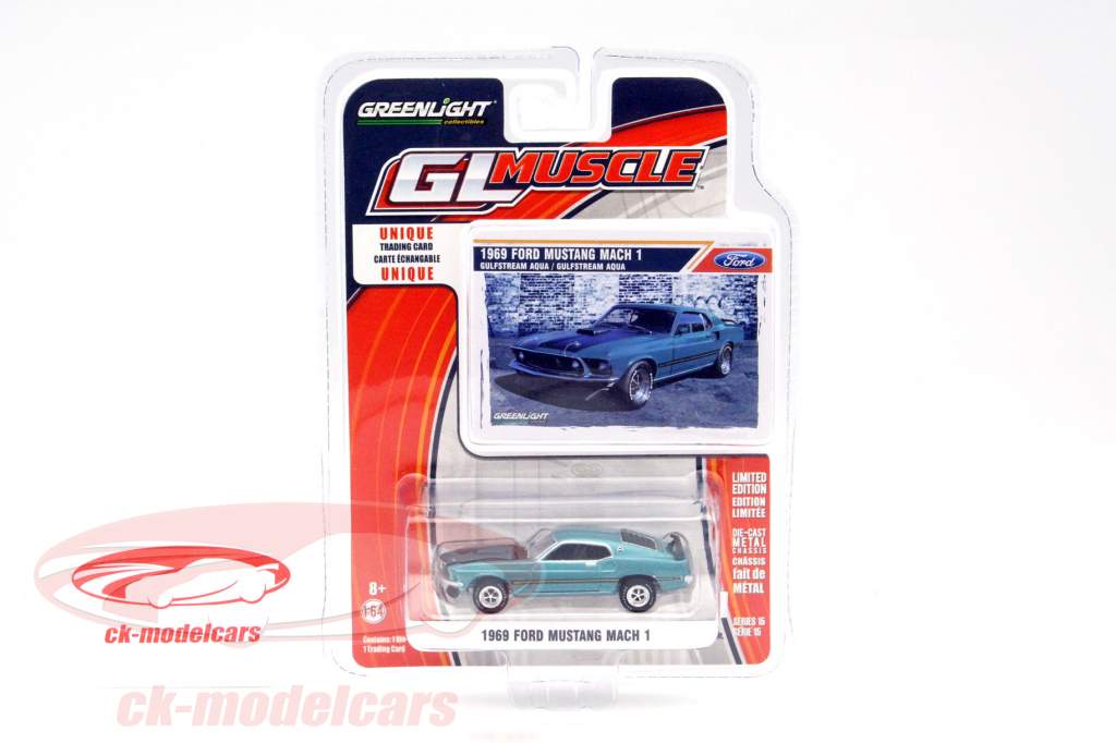 Ford Mustang Mach 1 год 1969 бирюзовый 1:64 Greenlight