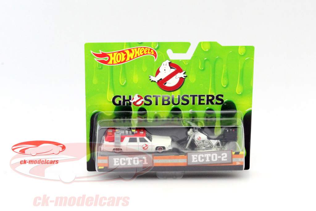 2-Car Set Ghostbusters Ecto-1 carro e Ecto-2 bicicleta branco 1:64 HotWheels