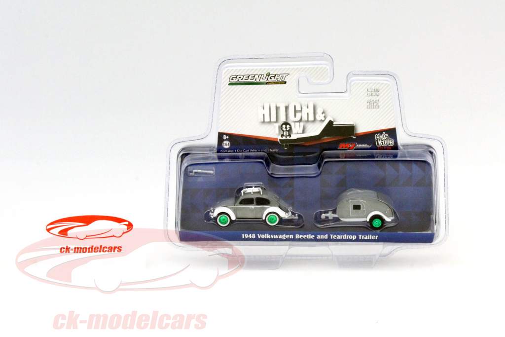 Volkswagen VW escarabajo con lágrima remolque pulido metal / verde llantas 1:64 Greenlight
