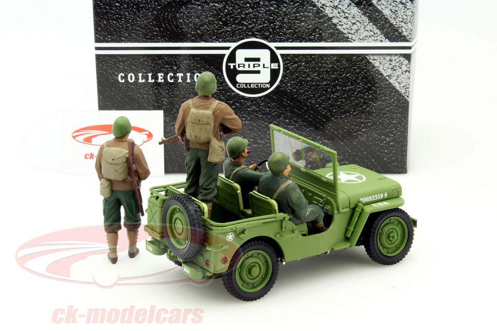 Jeep Willy's US Army met 4 soldaten jaar 1942 leger groen 1:18 Triple9