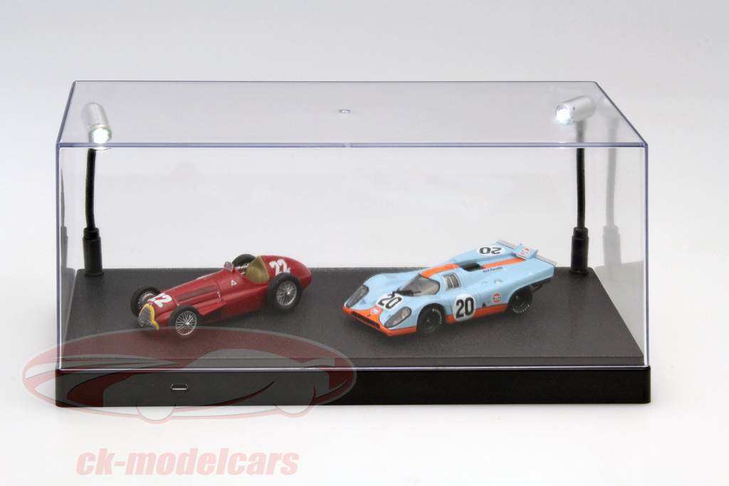 Enkelt udstillingsvindue med 2 mobil LED lamper til model biler 1:24,1:43,1:64 Triple9