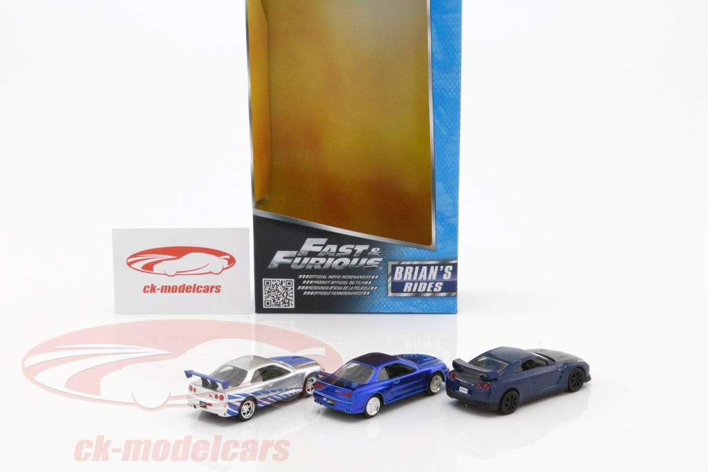 3 Car-Set Fast and Furious Brian's Nissan GT-R R35, Skyline GT-R R34 argent / bleu 1:55 Jada Toys