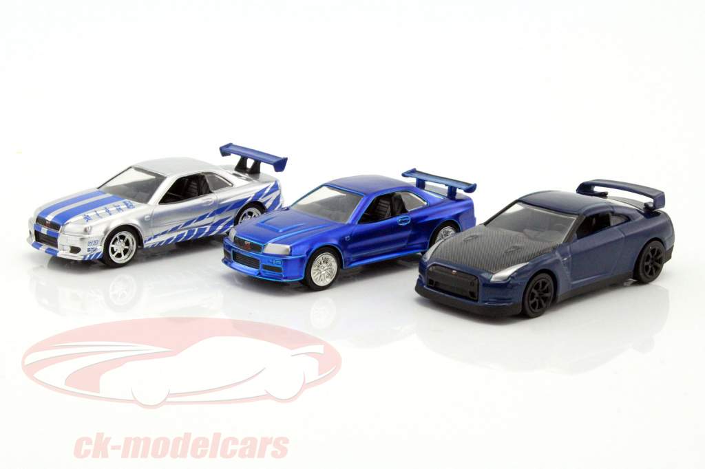 3 Car-Set Fast and Furious Brian's Nissan GT-R R35, Skyline GT-R R34 argent / bleu 1:55 Jada Toys