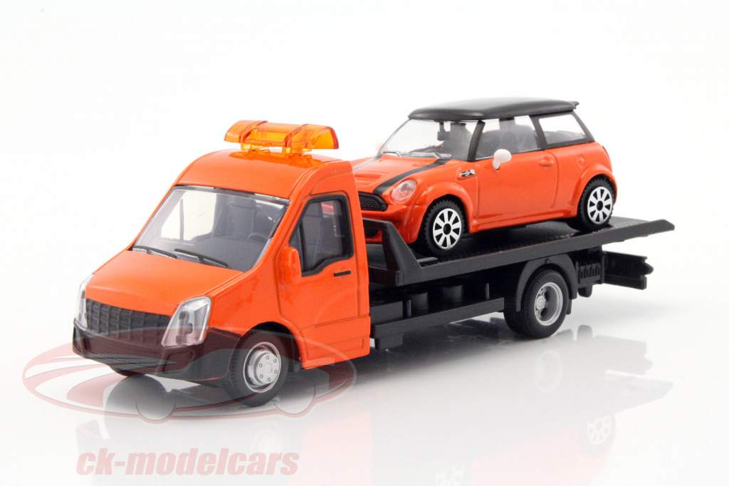 Mini Cooper S with Flatbed transporter orange 1:43 Bburago