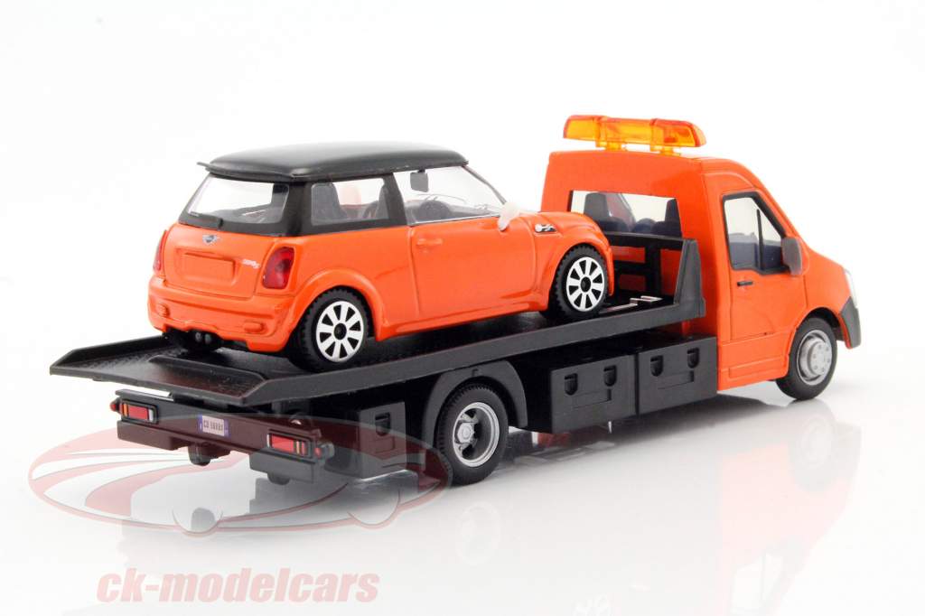 Mini Cooper S with Flatbed transporter orange 1:43 Bburago
