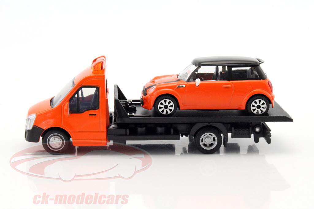 Mini Cooper S com transportador de mesa laranja 1:43 Bburago