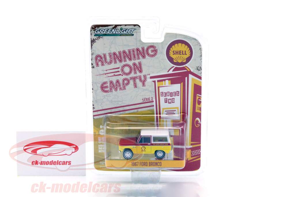Ford Bronco Bouwjaar 1967 Shell geel / rood / wit 1:64 Greenlight