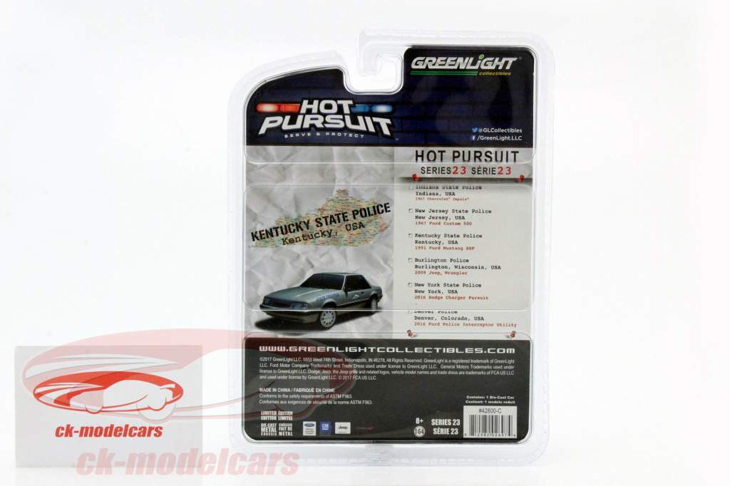 Ford Mustang SSP année de construction 1991 Kentucky State Police gris 1:64 Greenlight