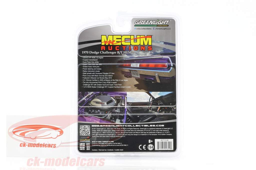 Dodge Challenger R/T Hemi Opførselsår 1970 lilla metallisk 1:64 Greenlight