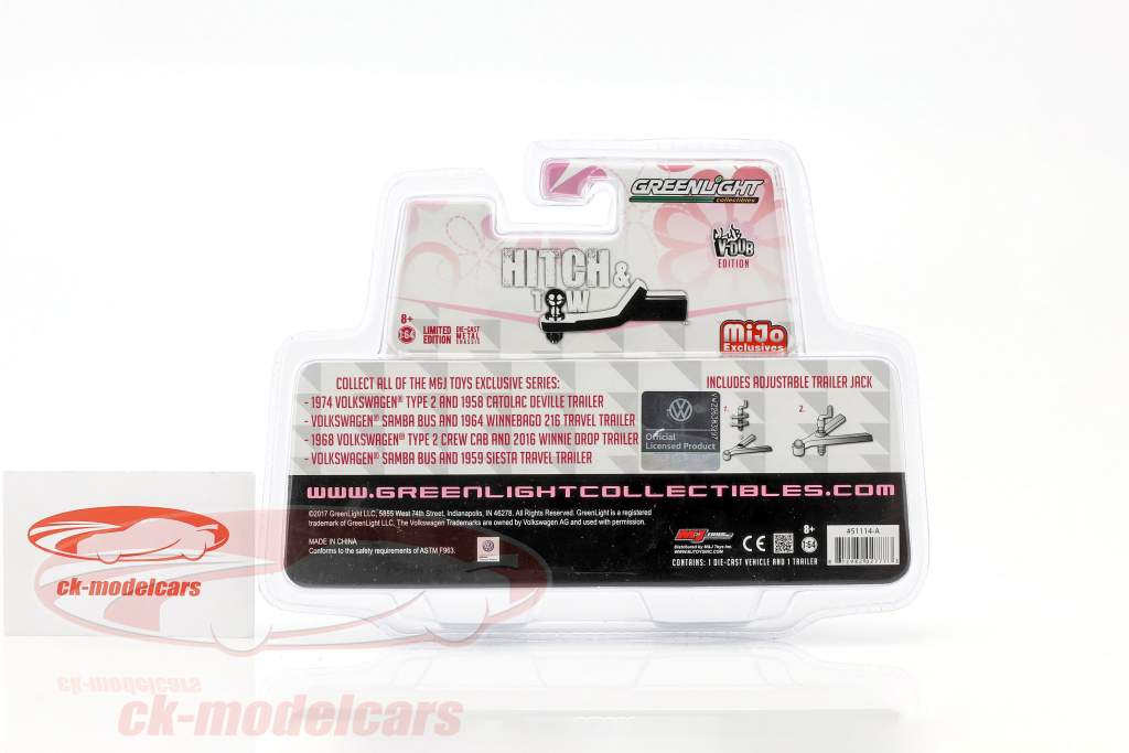 Volkswagen VW Typ 2 with Catolac Deville caravan pink / white 1:64 Greenlight