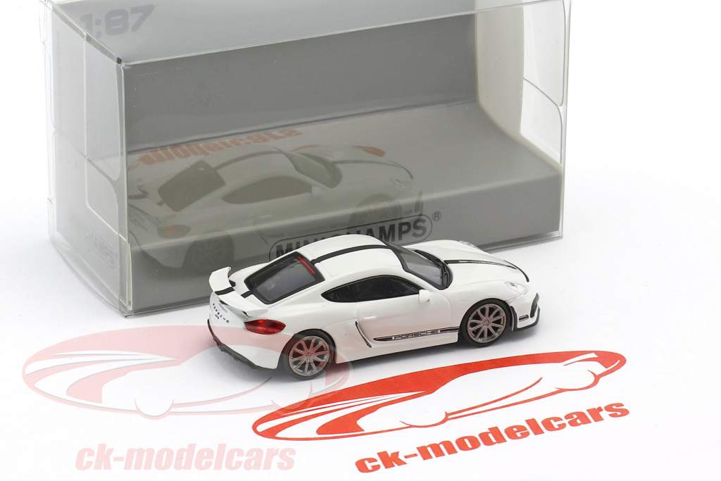 Porsche Cayman GT4 Construction year 2016 white with black stripes 1:87 Minichamps