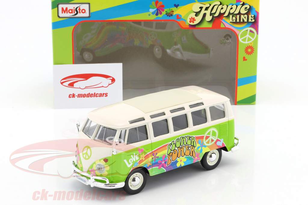 Volkswagen VW T1 Samba Bus Hippie Line Flower Power hellgrün / weiß 1:24 Maisto