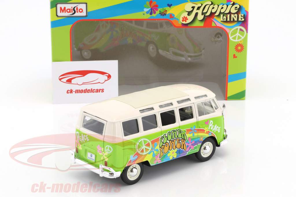 Volkswagen VW T1 Samba Bus Hippie Line Flower Power hellgrün / weiß 1:24 Maisto