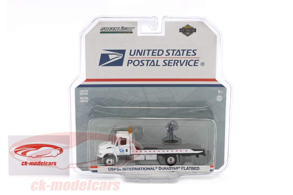 International DuraStar Flatbed USPS Bouwjaar 2013 wit met figuur postbode 1:64 Greenlight